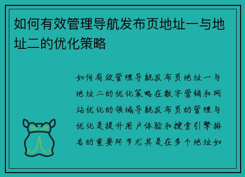 如何有效管理导航发布页地址一与地址二的优化策略
